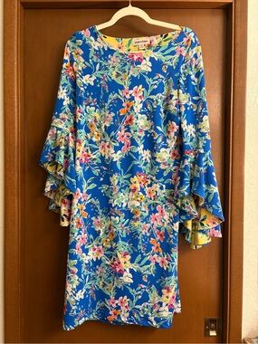 Royal Blue and Yellow Floral Ruffle-Sleeve Shift